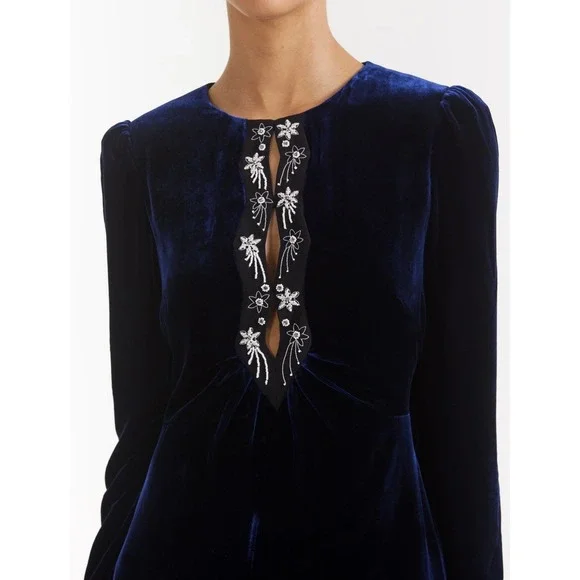 Saloni Jinx C Navy Blue Velvet Crystal Embellished Midi Dress Long Sleeve Slit - Picture 4 of 11
